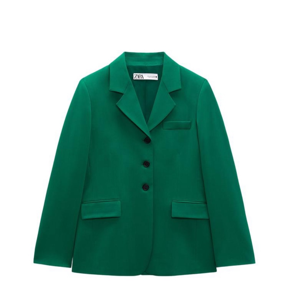 Zara green 2 piece suit, blazer with pleated asymmetrical skirt